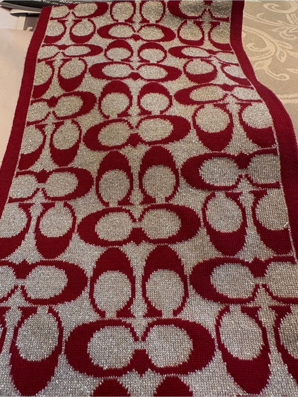 Coach Metallic Silver and Red Signature Logo Scarf